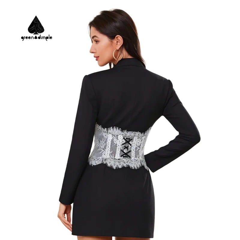 Back view of black lace corset blazer mini dress for women