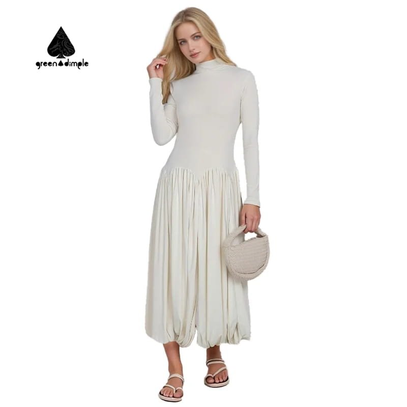 Cream long sleeve midi dress for women, elegant fit, front view