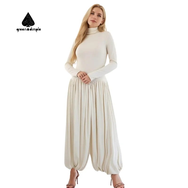 Women’s cream long sleeve midi dress with classic silhouette, front view