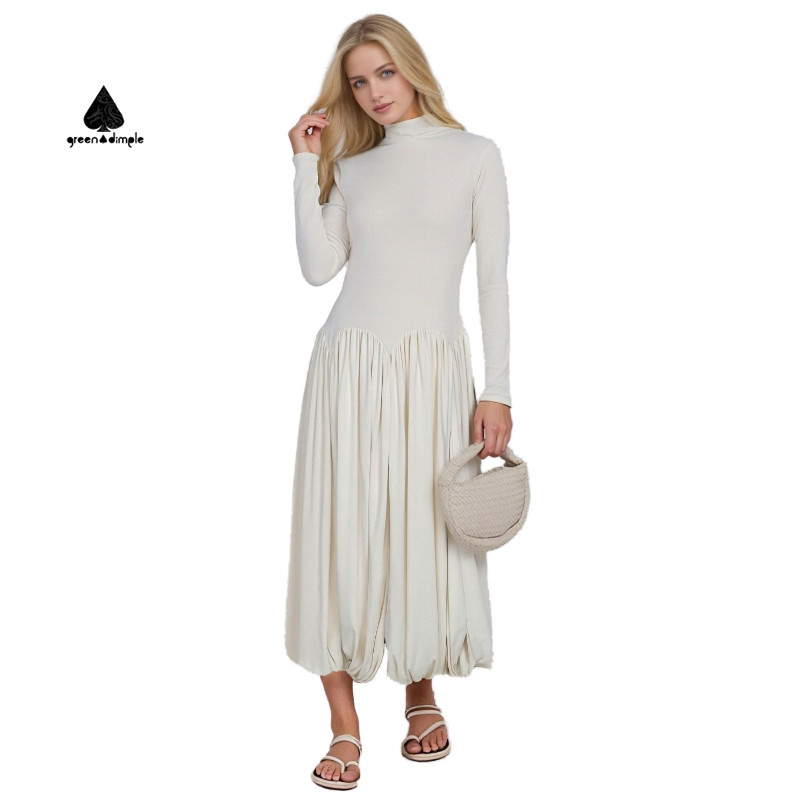 Cream long sleeve midi dress for women, elegant fit, front view