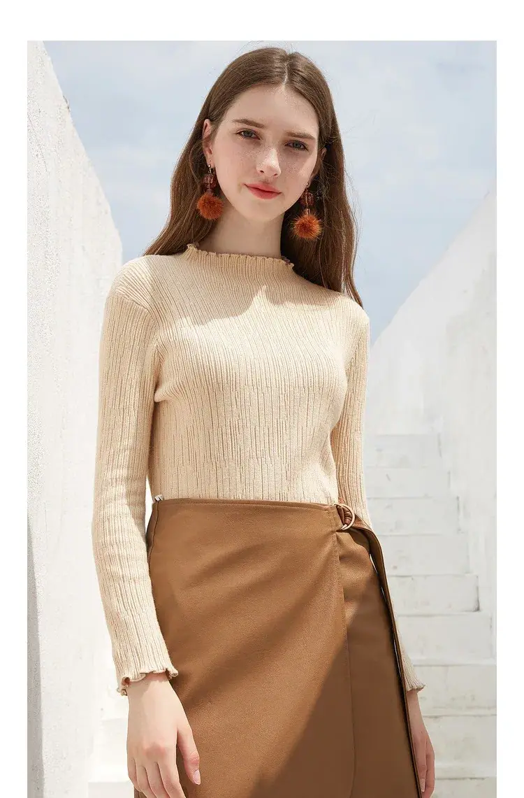Fashionable beige ribbed knit top for women, paired with a brown skirt, ideal for casual and chic outfits.