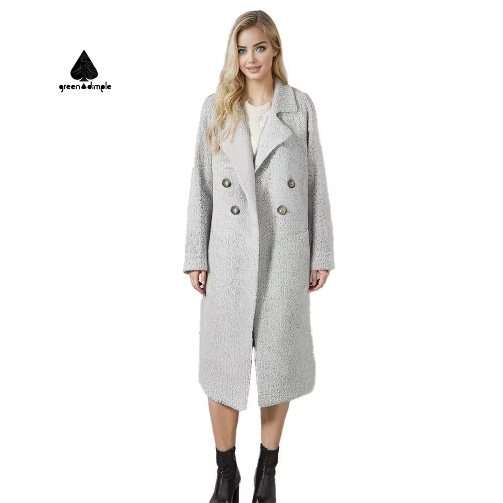 Custom double breasted long wool coat front view for women