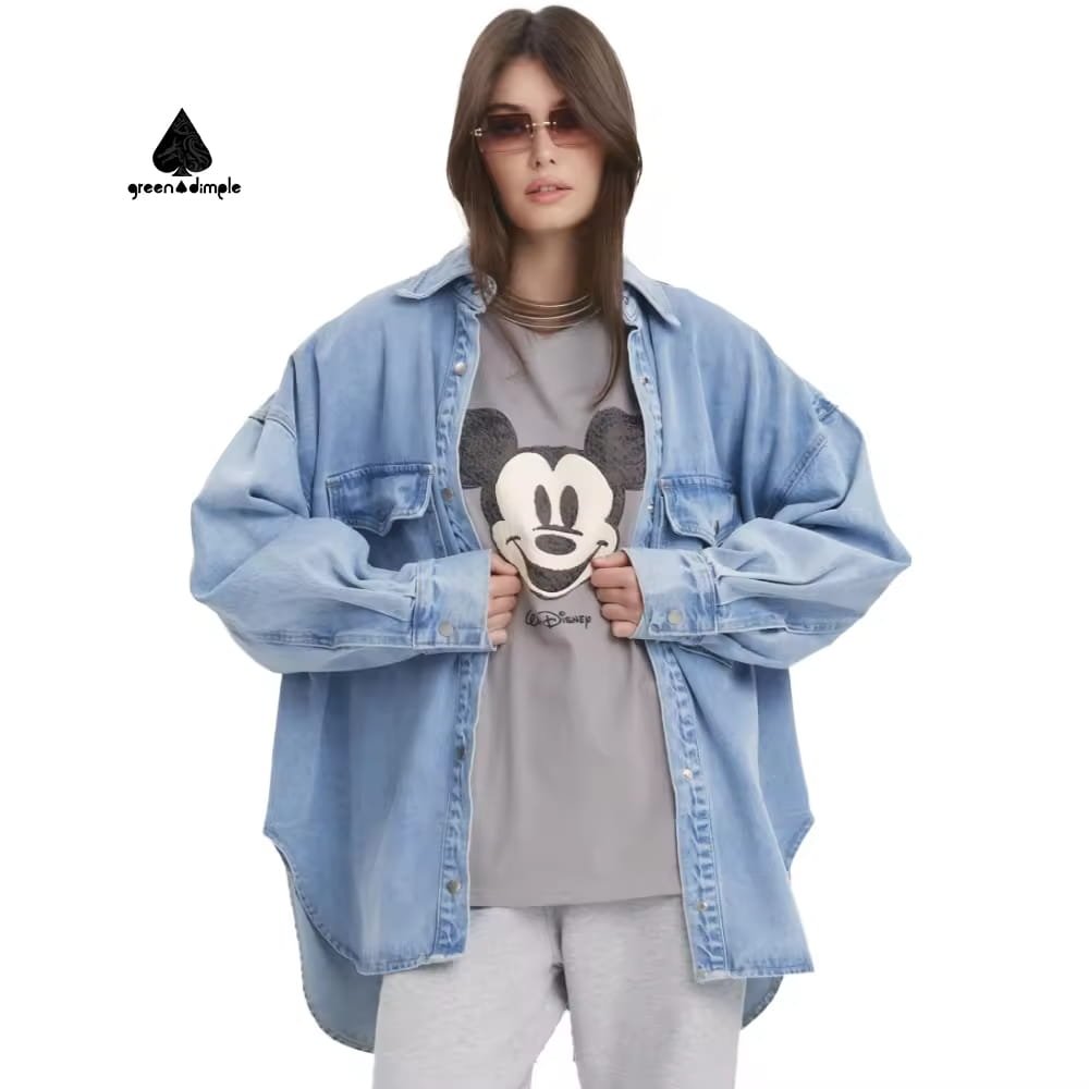 Custom oversized denim shirt jacket front view for streetwear brands