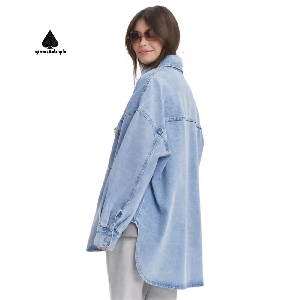 Side view of oversized denim shirt jacket with relaxed fit