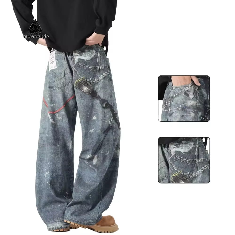 Back view of custom printed wide leg denim jeans