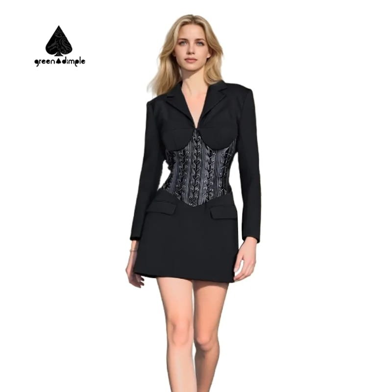lace-waist-blazer-front-1 Front view of Greendimple women's blazer with see-through lace waist and long sleeves