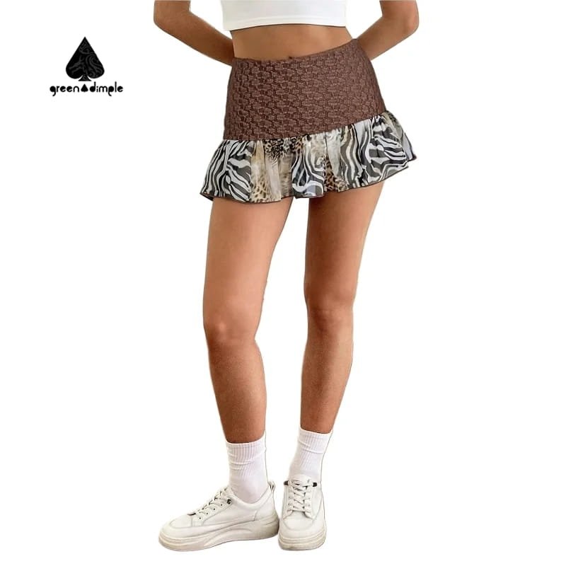 Patchwork animal print ruffle mini skirt for women, front view