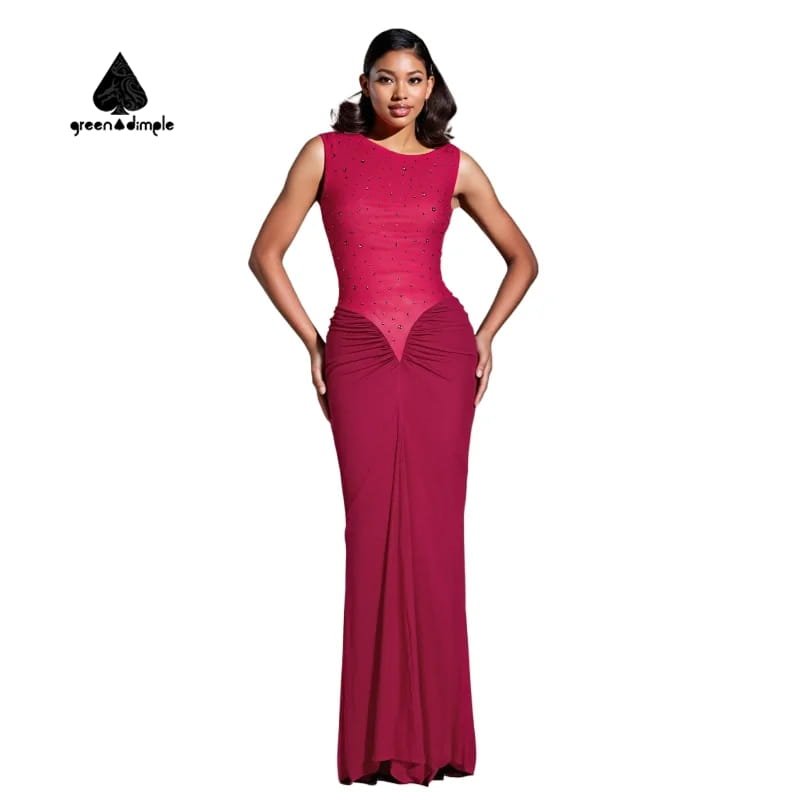 Front view of Greendimple women's patchwork bodycon dress, halter neckline and sleeveless