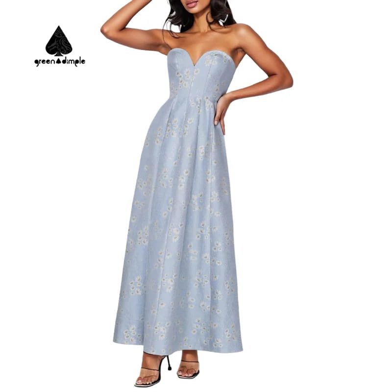Women’s strapless light blue daisy floral midi dress