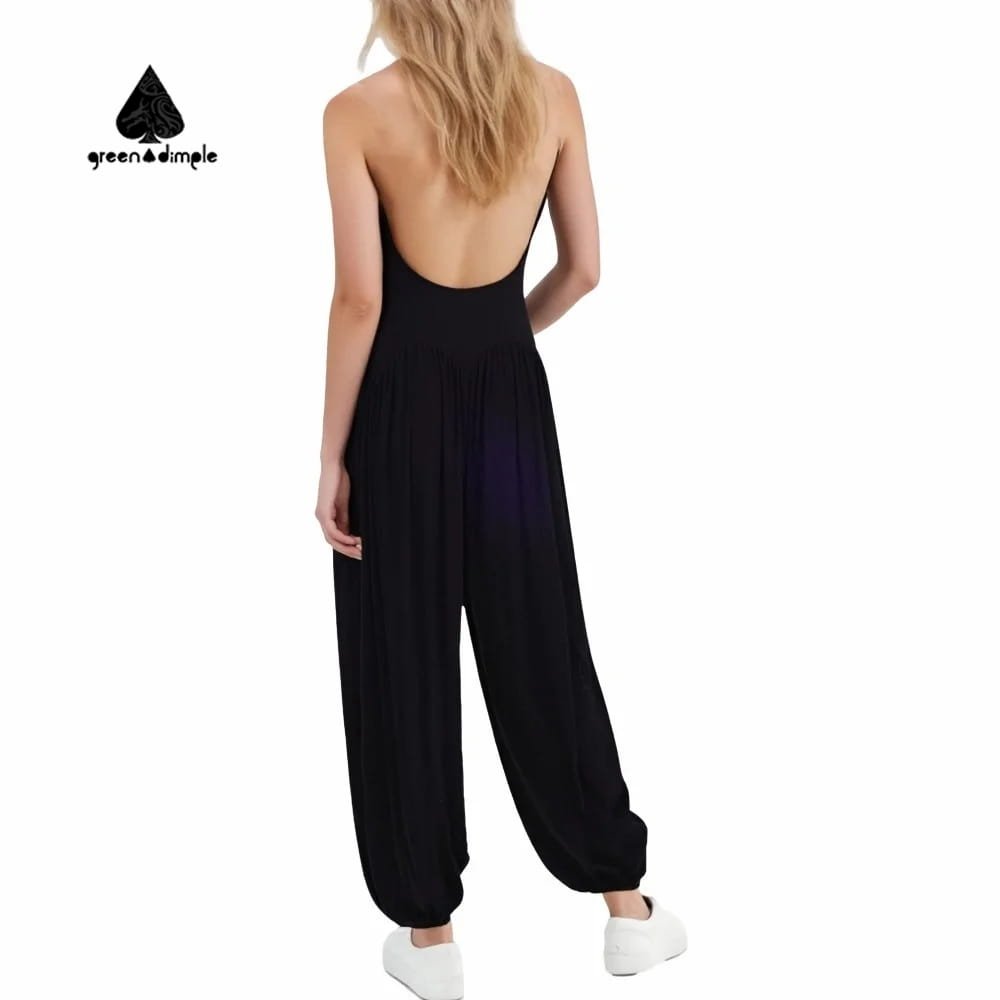 Back view of women two piece clothing set featuring sleeveless bodysuit and wide leg pants