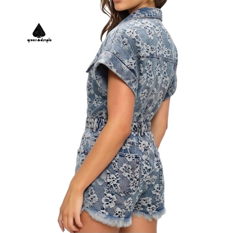 Side view of custom distressed floral denim jumpsuit for women