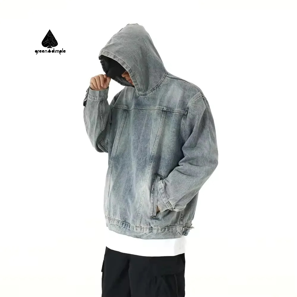 OEM oversized drop shoulder denim hoodie for men, acid washed cotton side view