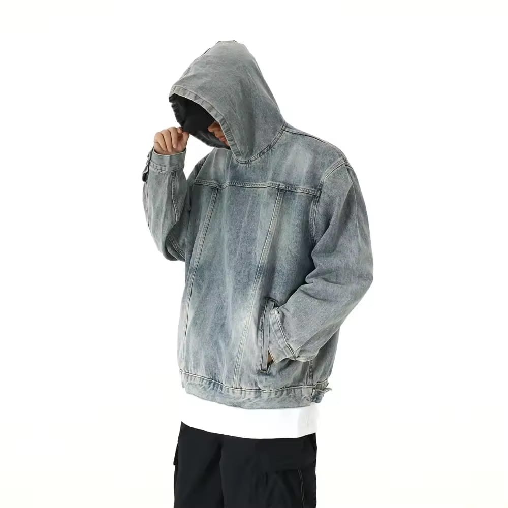 OEM oversized drop shoulder denim hoodie for men, acid washed cotton side view