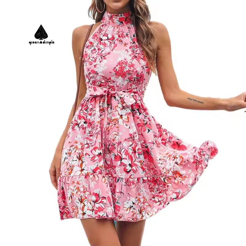 Custom pink floral halter neck summer mini dress for women