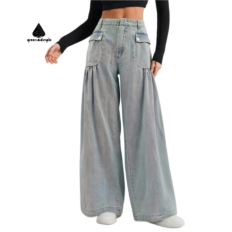 Custom wide leg denim cargo pants for women front view