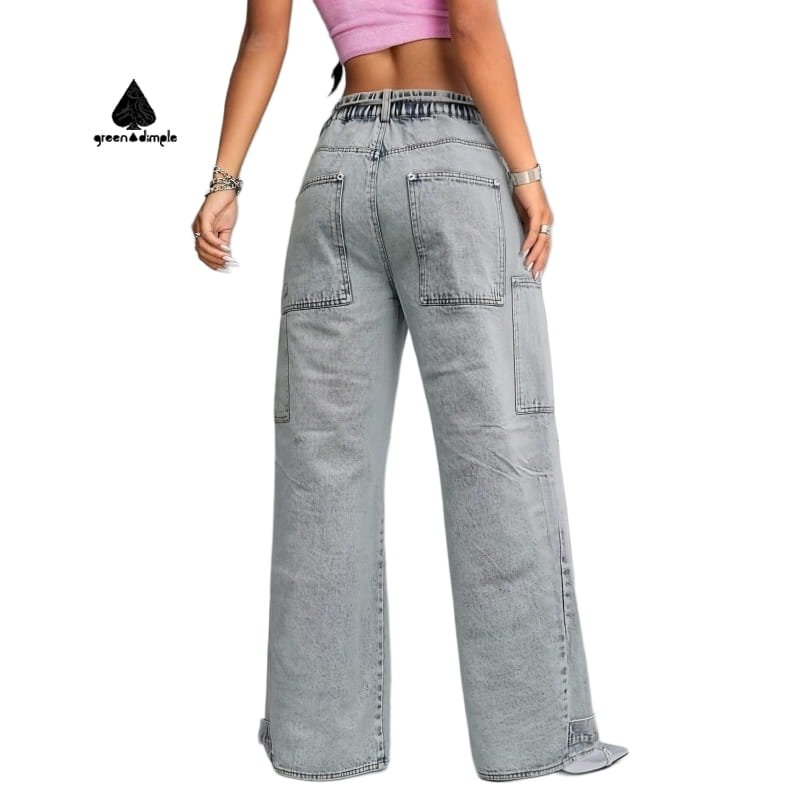 Custom women denim pants with elastic waistband and cargo pockets back view