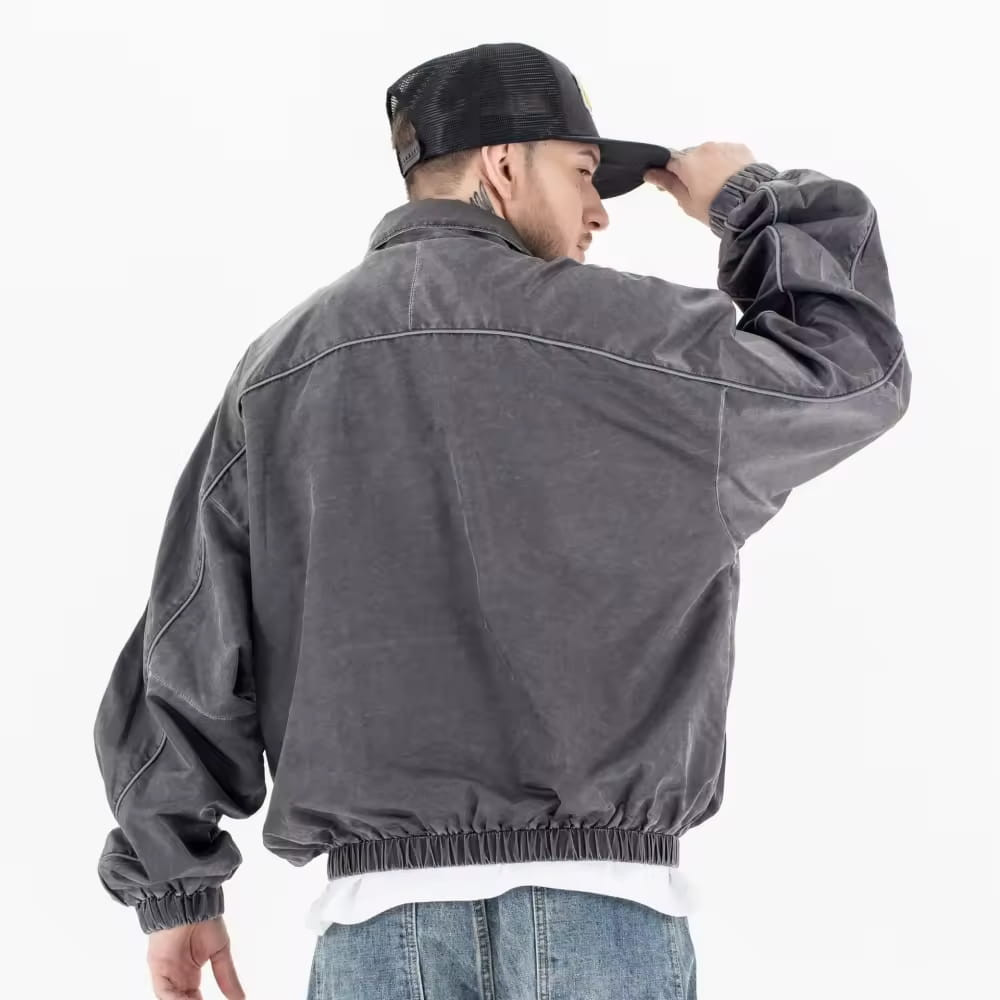 Acid wash bomber jacket back view loose fit streetwear style