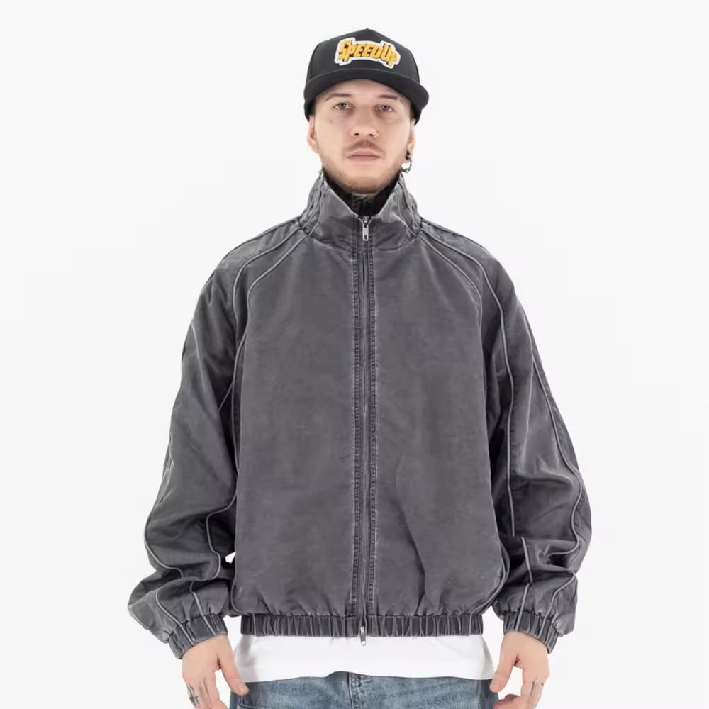 Acid wash bomber jacket front view waterproof vintage men jacket