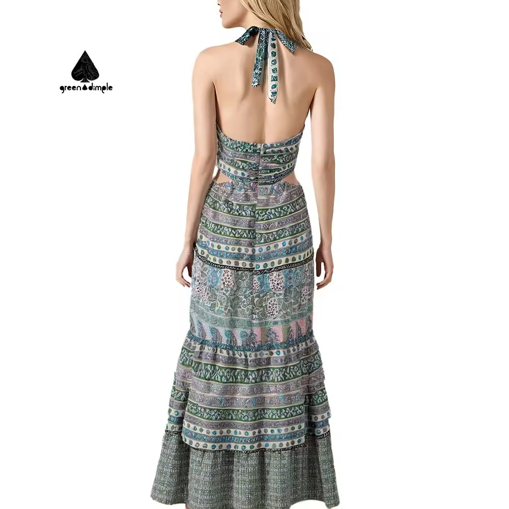 back view of printed halter maxi dress with layered design boho summer outfit