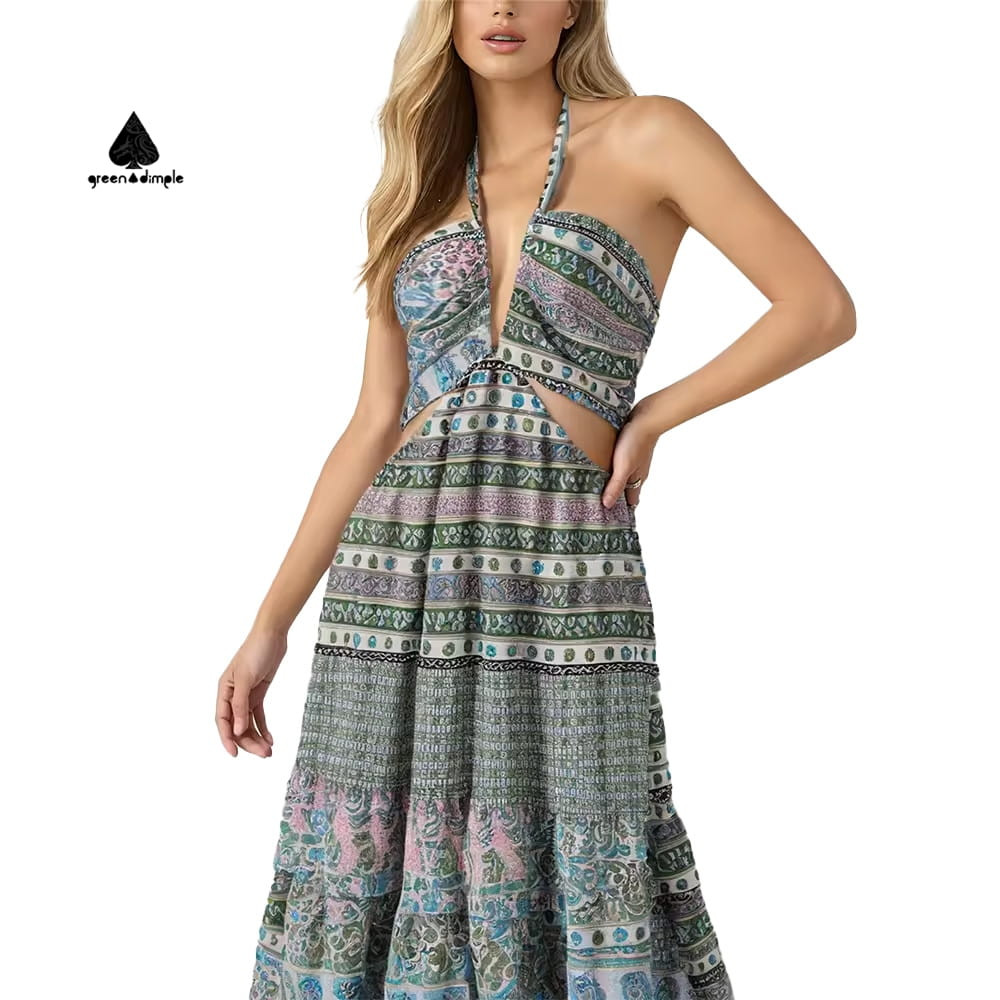 boho halter neck cut out maxi dress front view vintage print summer dress