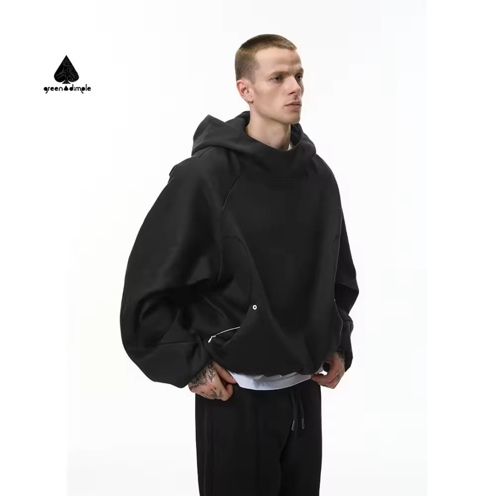 boxy cropped hoodie side view patchwork mock neck hoodie