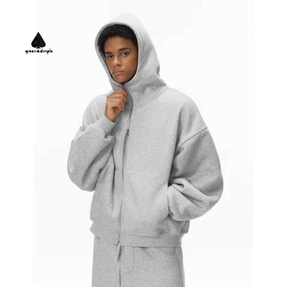 boxy zip hoodie grey front view oversized fleece hoodie