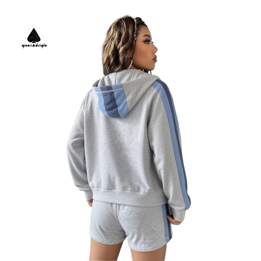 back view of colorblock hoodie set casual shorts set summer outfit
