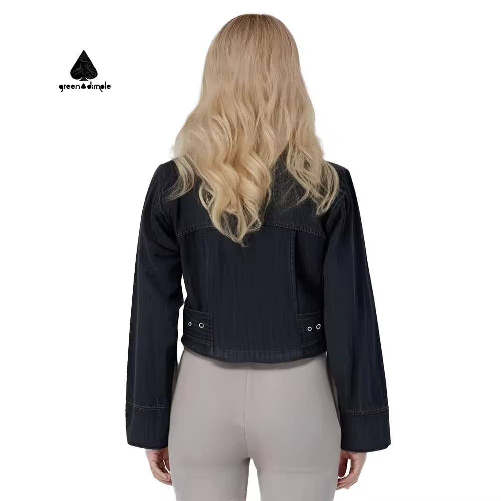 cropped denim jacket women back view