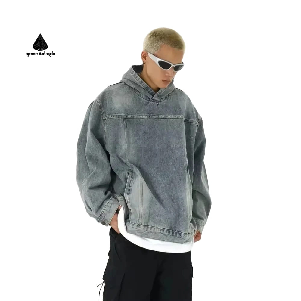 Custom oversized denim hoodie for men with acid washed vintage finish, front view