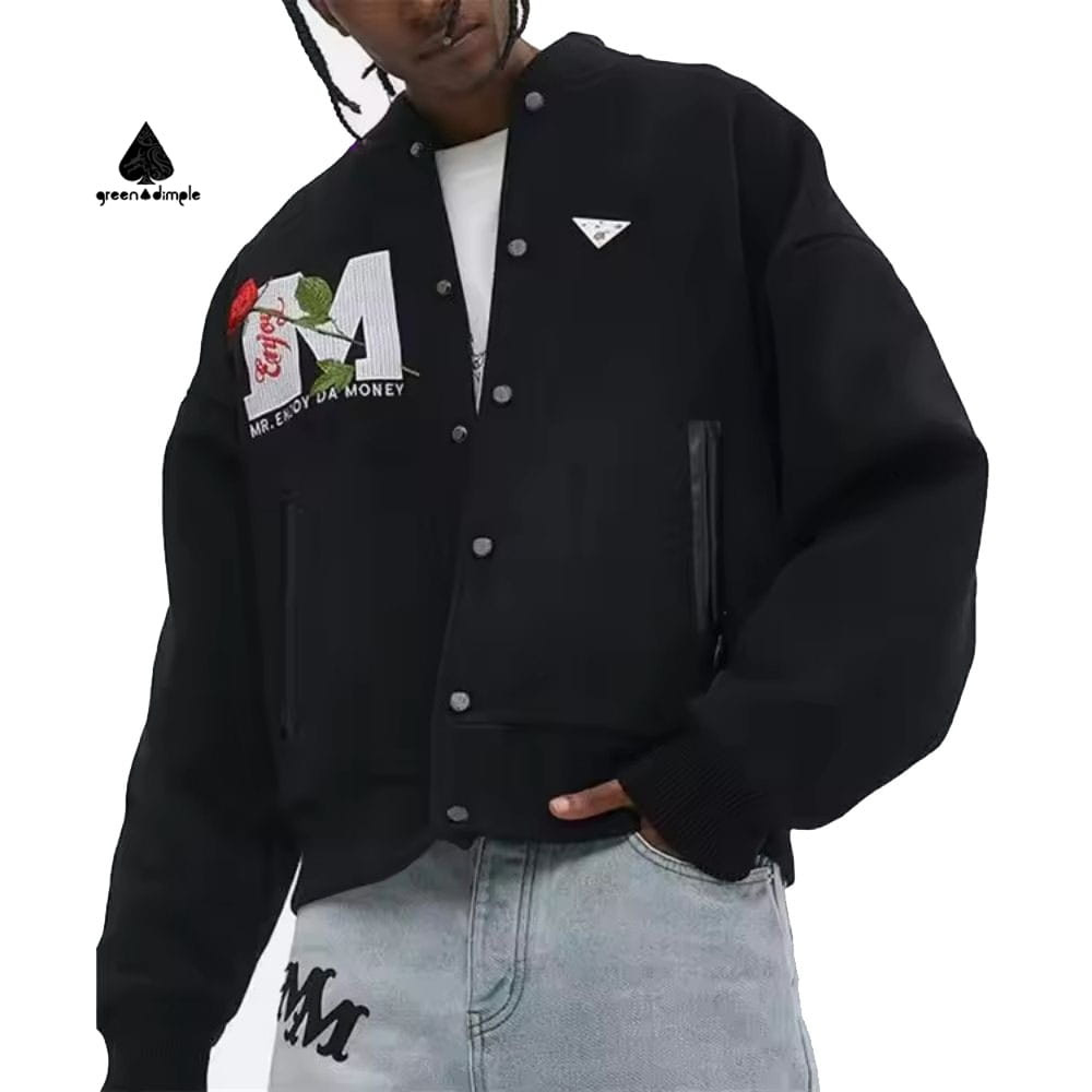 custom wool varsity jacket front view with embroidery and letter patch