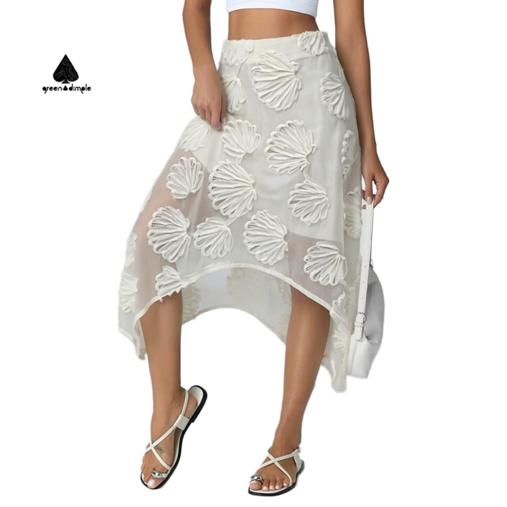 3D floral applique detail on sheer mesh midi skirt