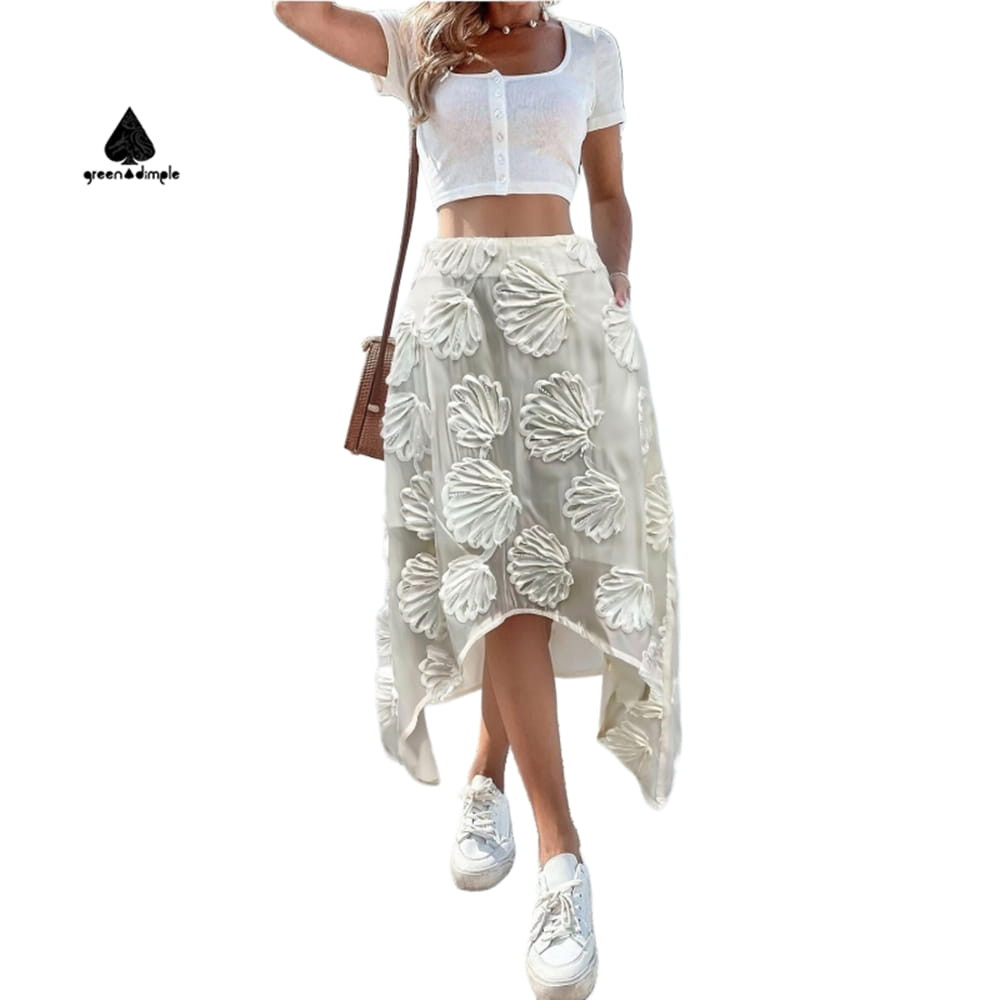 floral applique midi skirt high low mesh embroidered skirt front view