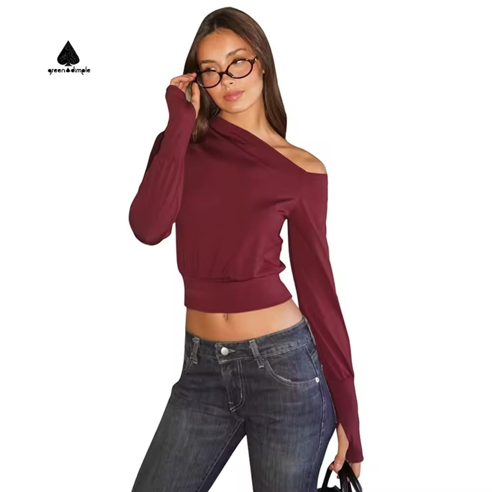 asymmetric off shoulder top women red long sleeve slim fit front view