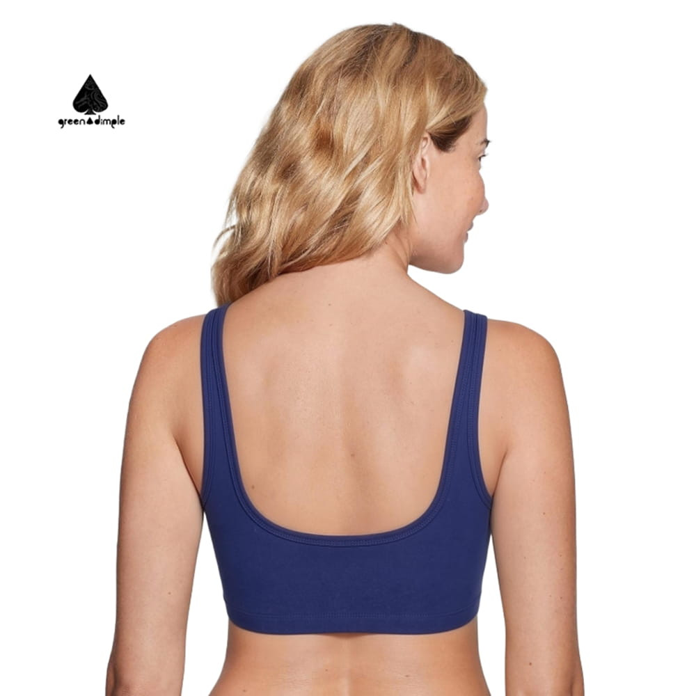 Back view of woman wearing Greendimple blue crop top, showing comfortable design