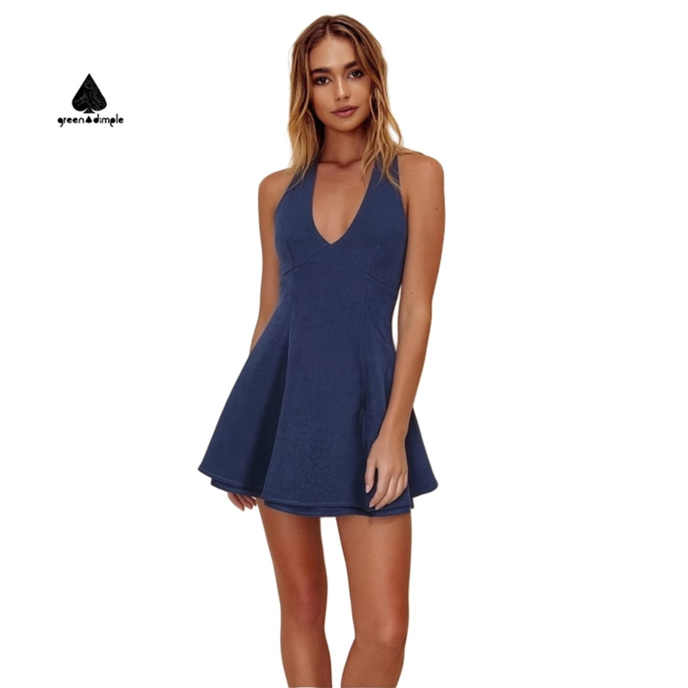 halter V-neck flare mini dress front view summer outfit