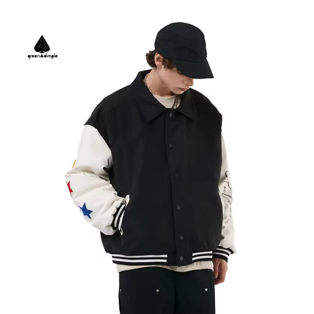 mens varsity jacket oversized embroidery front view streetwear