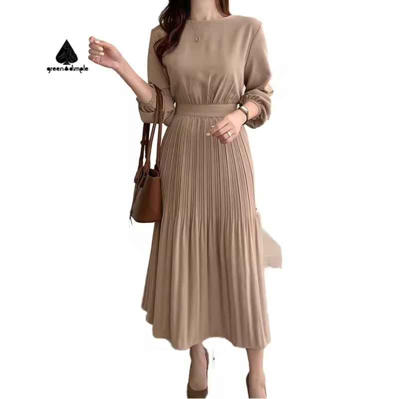pleated maxi dress front view with tie waist