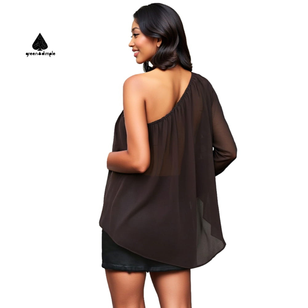 sheer one shoulder top women back view asymmetric chiffon top