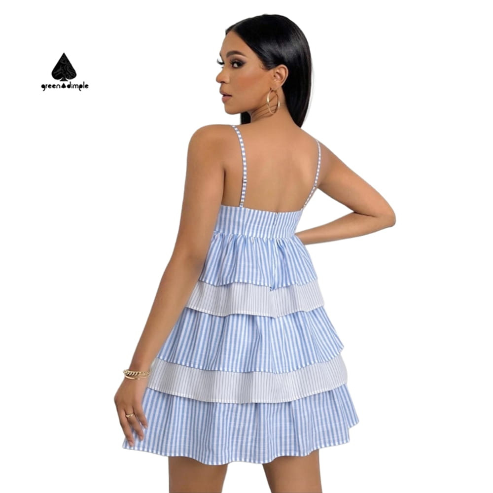 Striped tiered mini dress back view blue white