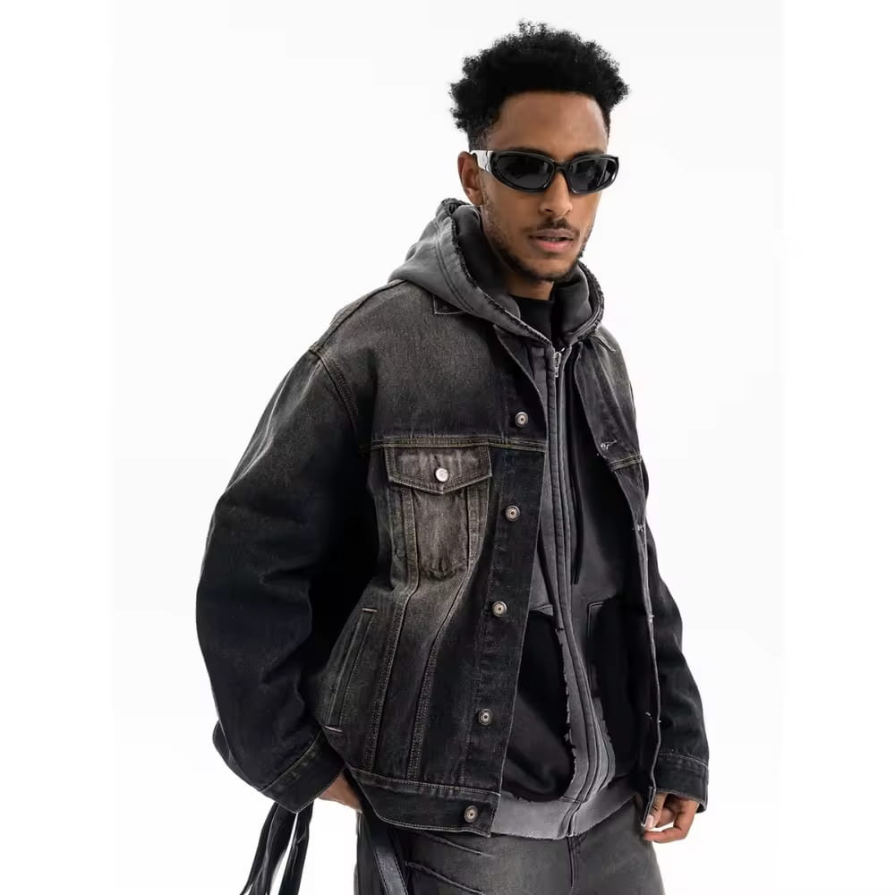 Vintage denim jacket front view black washed oversized streetwear