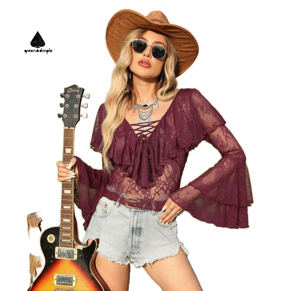 boho lace blouse women bell sleeve vintage sheer top festival outfit