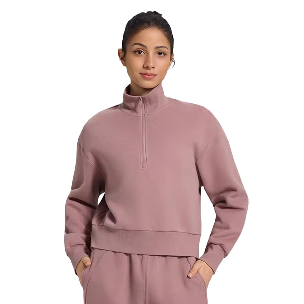 front view women half zip sweatshirt cotton fleece pullover multiple colors