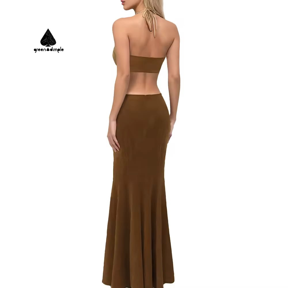 women 2 piece skirt set halter top maxi skirt back view