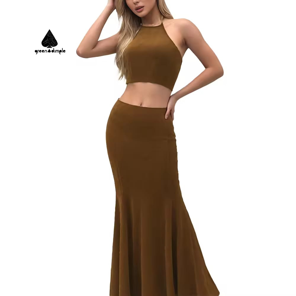 women piece skirt set halter top maxi skirt front view