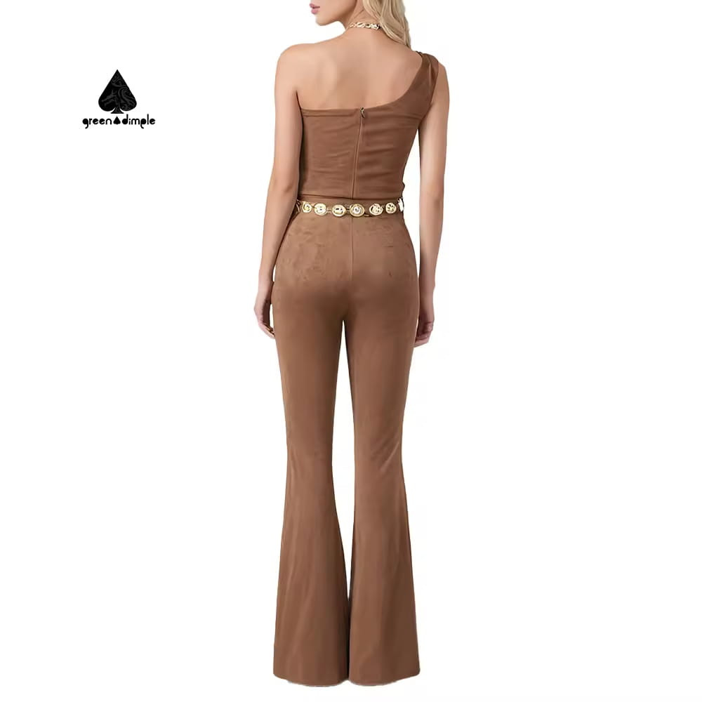women suede jumpsuit one shoulder back view