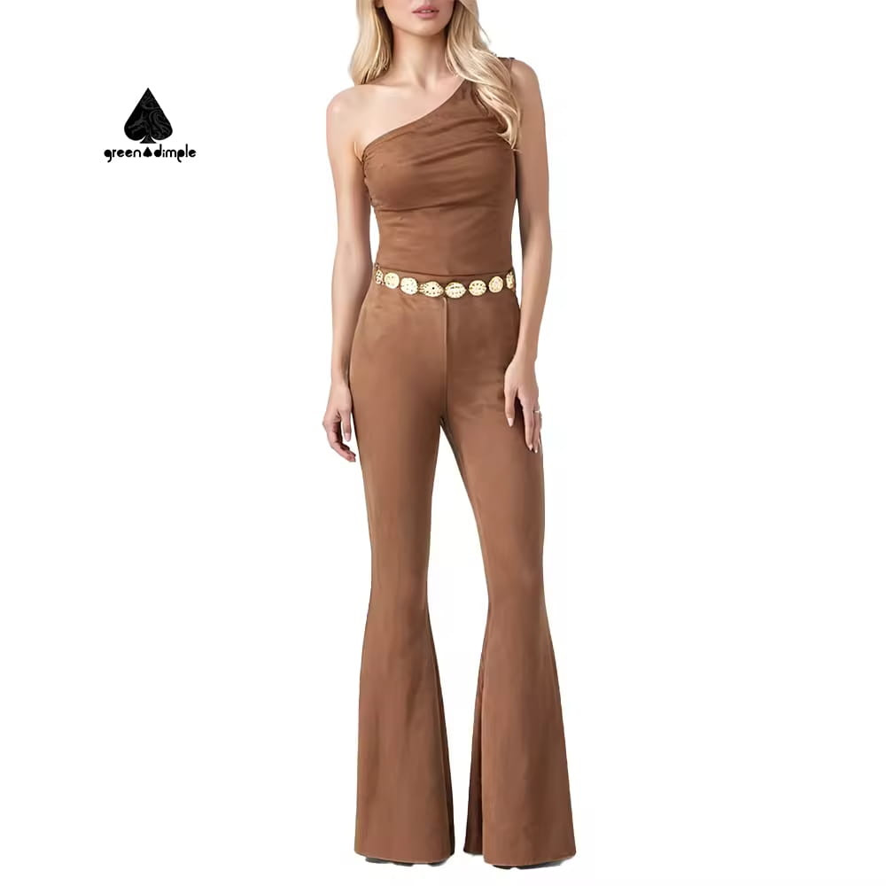 women suede jumpsuit one shoulder front view