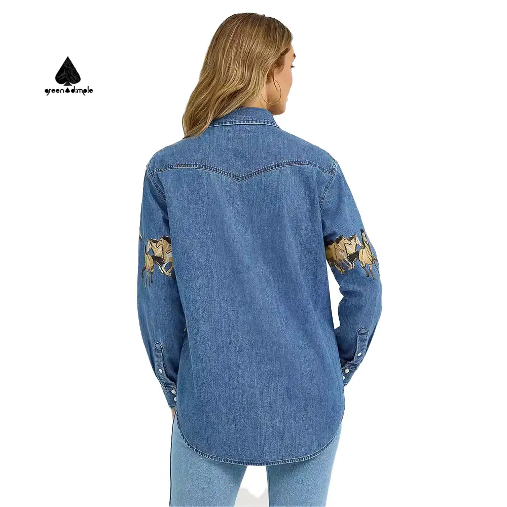 Custom denim shirt women horse print back view casual denim jacket