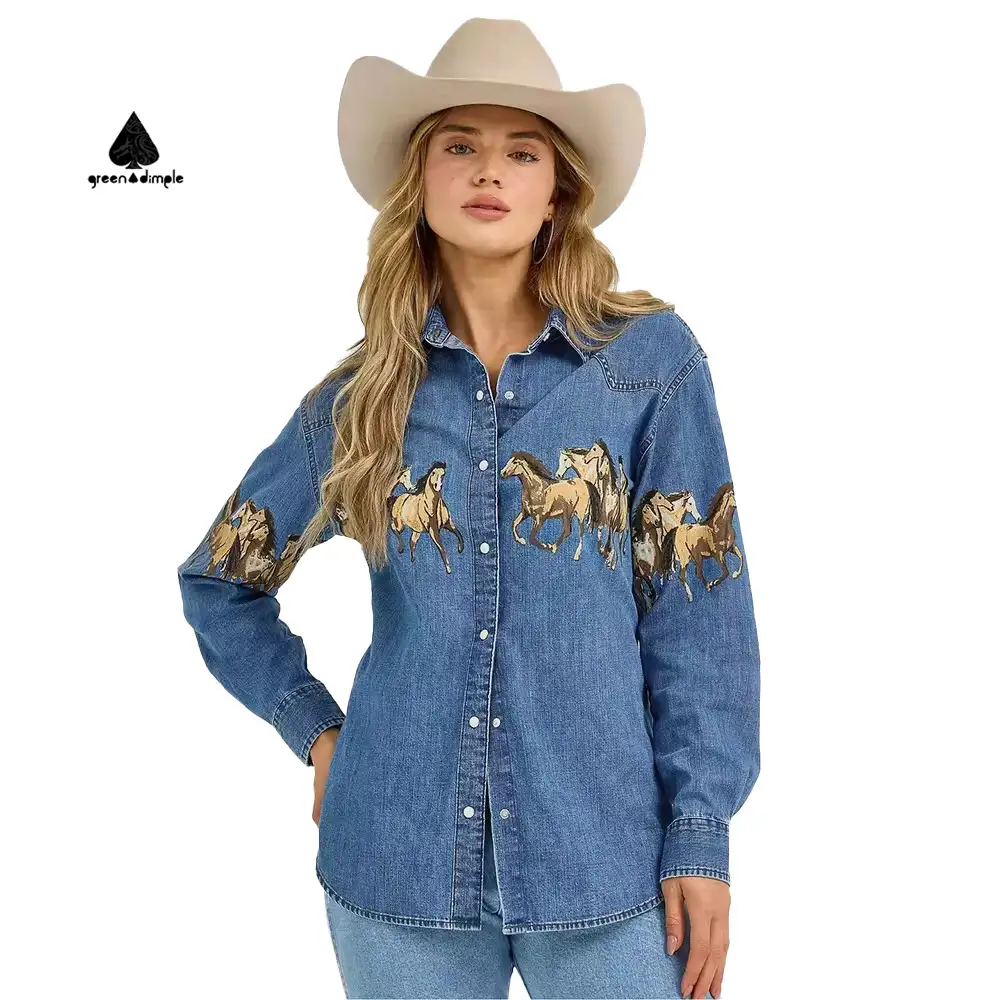 Custom denim shirt women horse print front view washed denim jacket