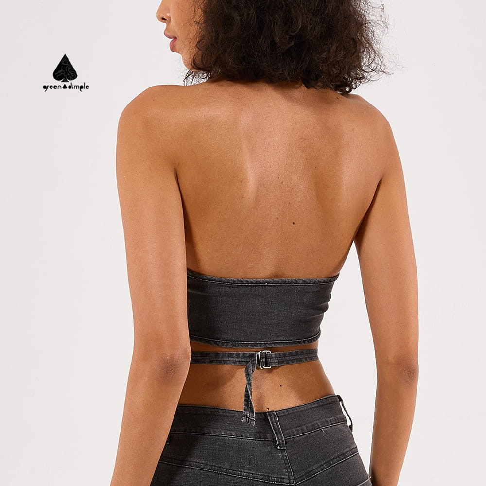 back view of black denim halter crop top
