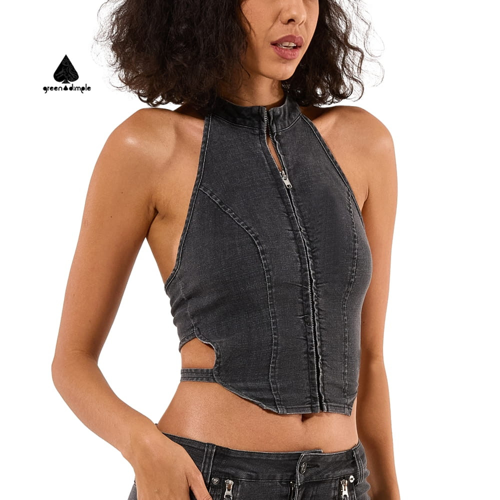 front view of denim halter top Y2K black zip crop
